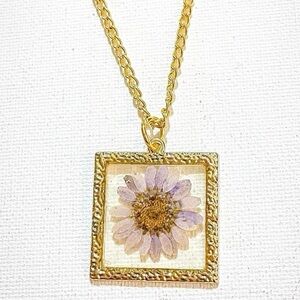 Purple Pressed Flower Frame Pendant Necklace